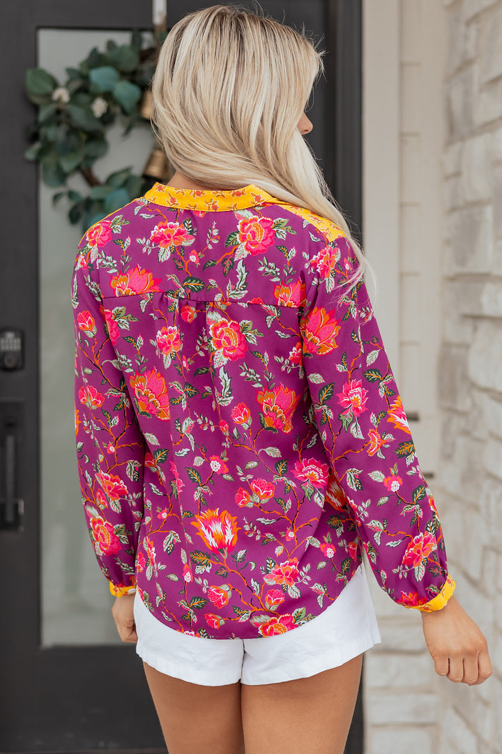 Rose Contrast Placket Split V Neck Floral Blouse