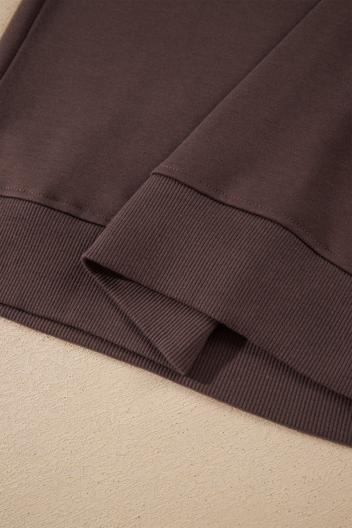 Coffee Solid Color Piping Trim Mock Neck Pullover Drawstring Pants Set