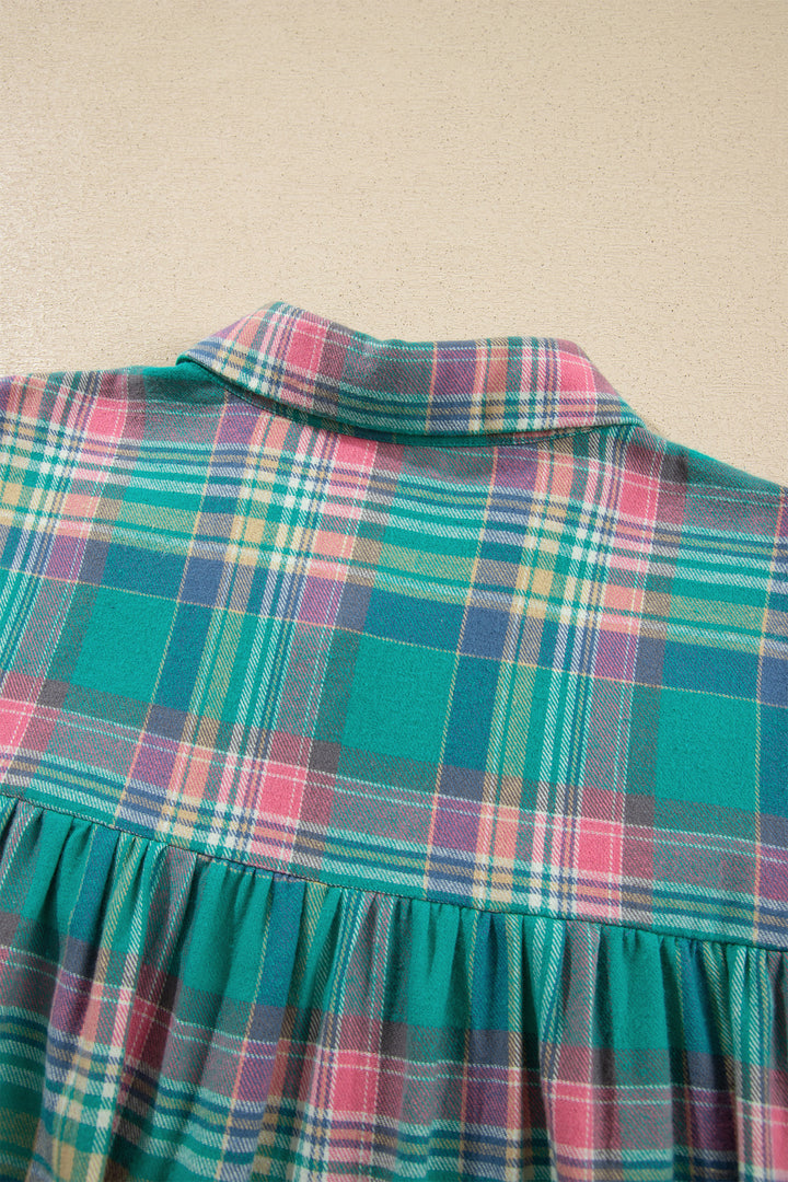 Green Plaid Button-Up Shift Long Sleeve V Neck Plus Size Dress