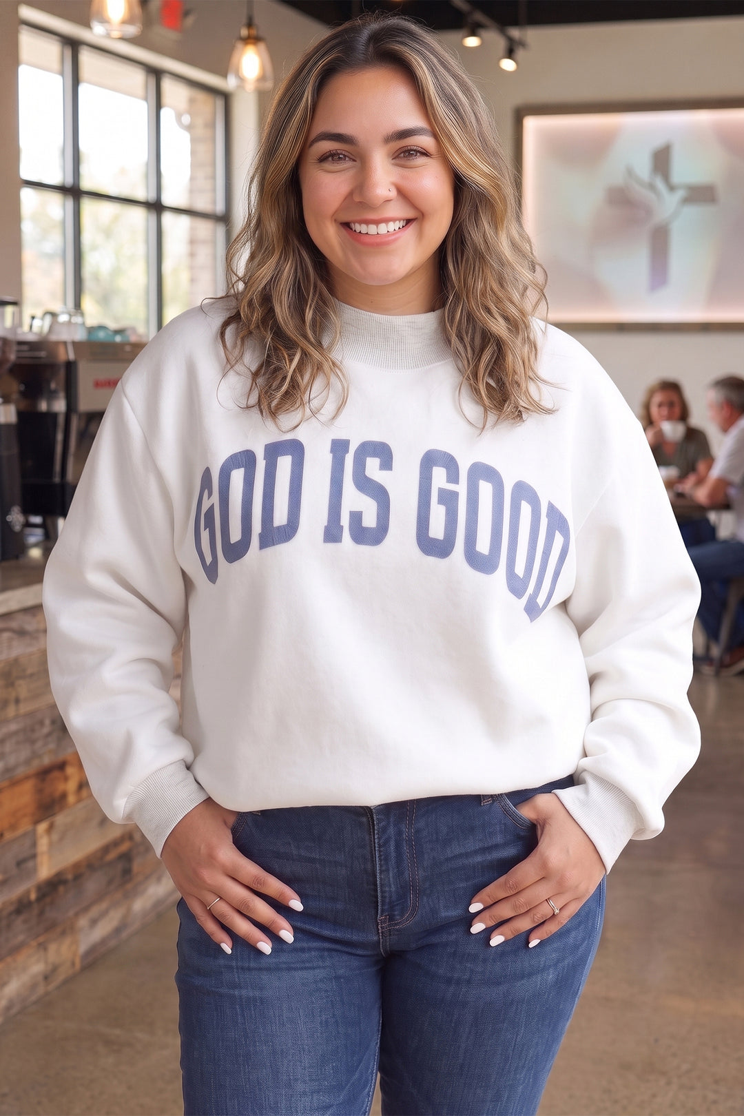 Light Grey Jesus Slogan Stand Neck Long Sleeve Oversized Tunic Plus Size Sweatshirt