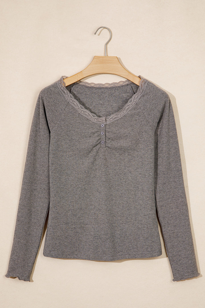 Medium Grey Solid Color Ribbed Lace Trim V-Neck Button Detail Long Sleeve Top