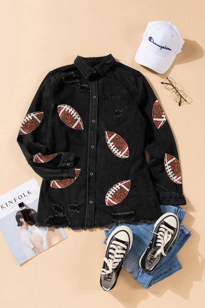 Black Sequined Rugby FootballGraphic Frayed Denim Shacket