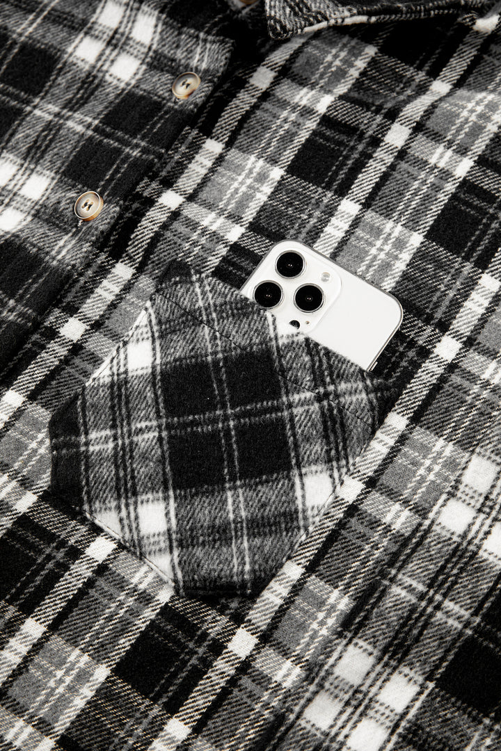 Black Plaid Long Sleeve V Neck Shift Plus Size Shirt Jacket