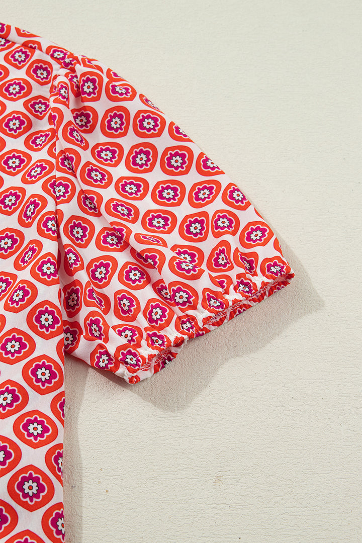 Orange Geometric Floral Print Color Block Trim Button Front Ruffle Hem Dress