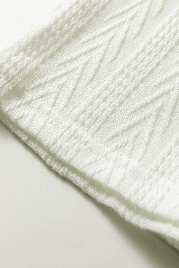 White Floral Patchwork Textured Knit Drawstring V Neck Blouse