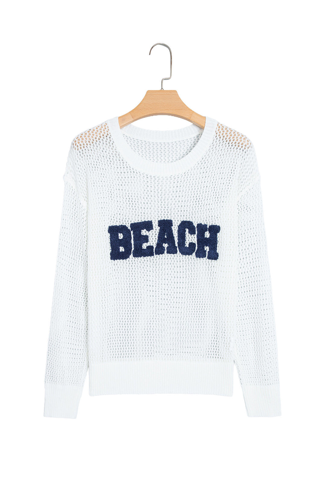 White Chenille BEACH Lettering Hollow Out Knit Casual Sweater