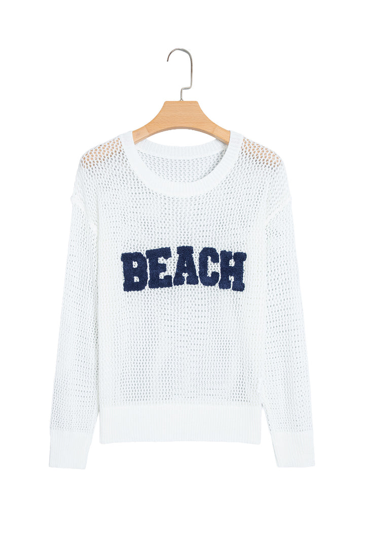 White Chenille BEACH Lettering Hollow Out Knit Casual Sweater