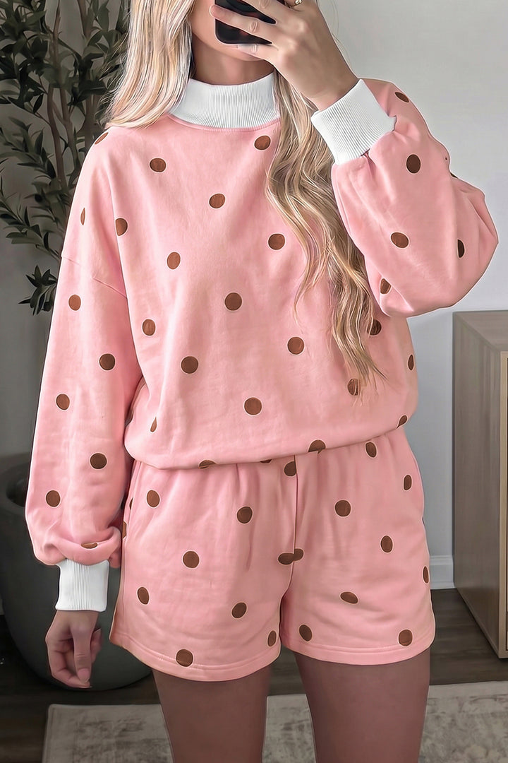 Brown Polka Dot Ribbed Trim Long Sleeve Top Casual Short Set