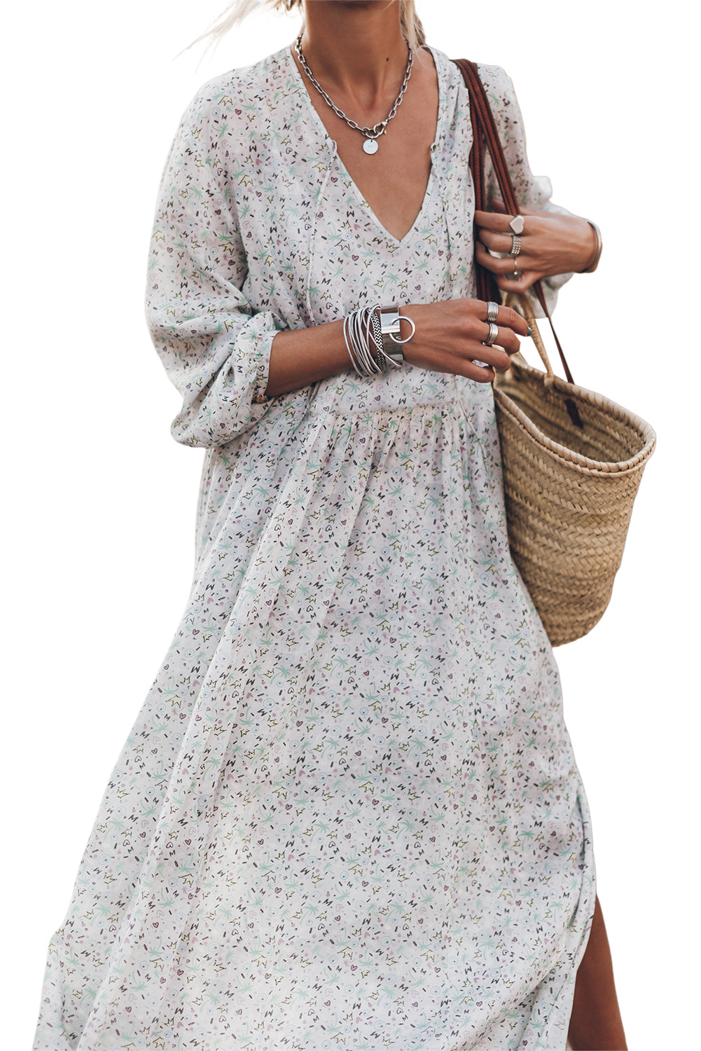 Multicolor Printed Tie V Neck Loose Long Sleeve Split Dress