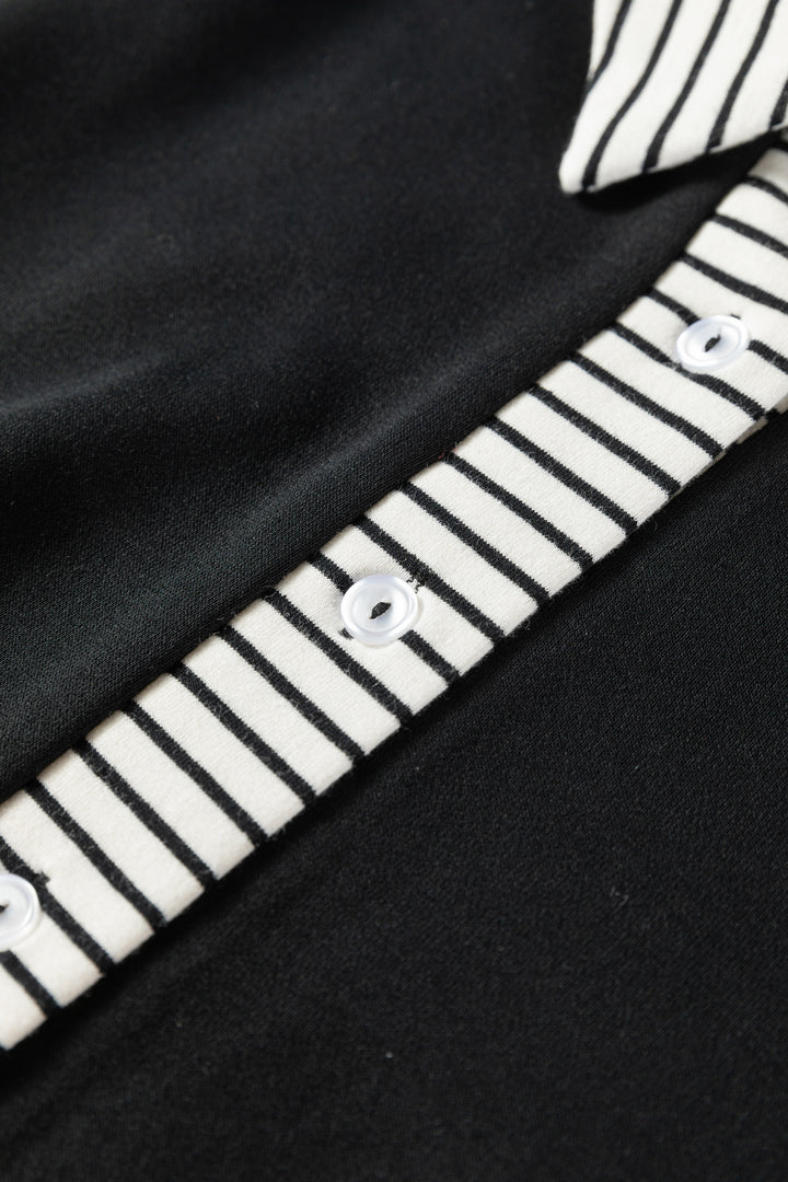 Black Plus Size Striped Cuffs Polo Collar Patchwork Long Sleeve Ruffle Hem Dress