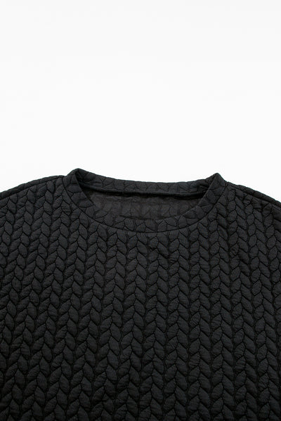 Black Pale Chestnut Side Buttons Cable Textured Sweatshirt