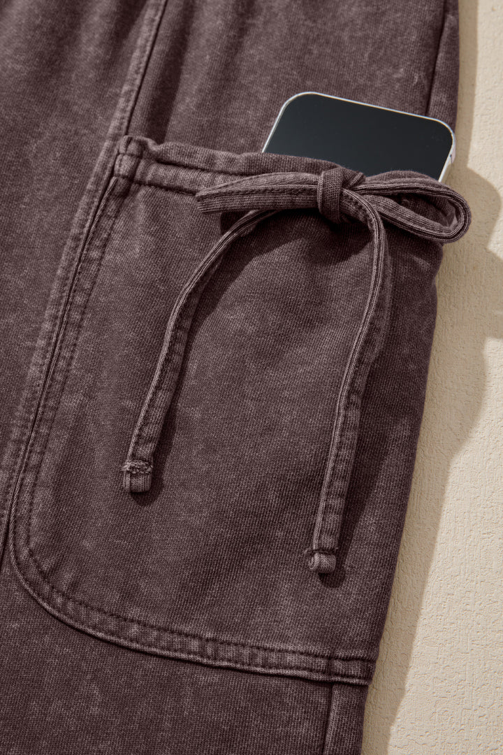 Dark Brown Cotton Mineral Wash Elastic Waist Drawstring Tie Detail Cargo Pants