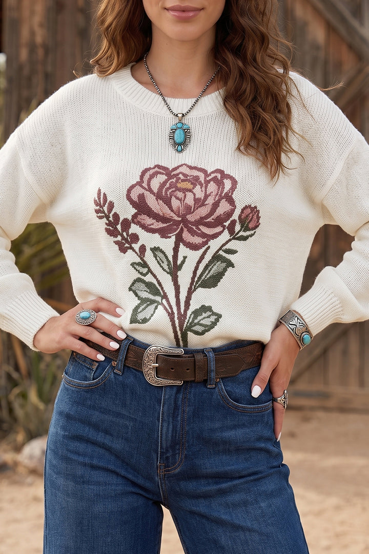 White Western Floral Dropped Shoulder Lightweight Knit Sweater