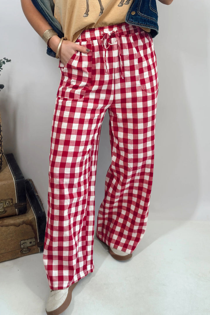Red Gingham Plaid Tie Elastic Waist Shift Pants
