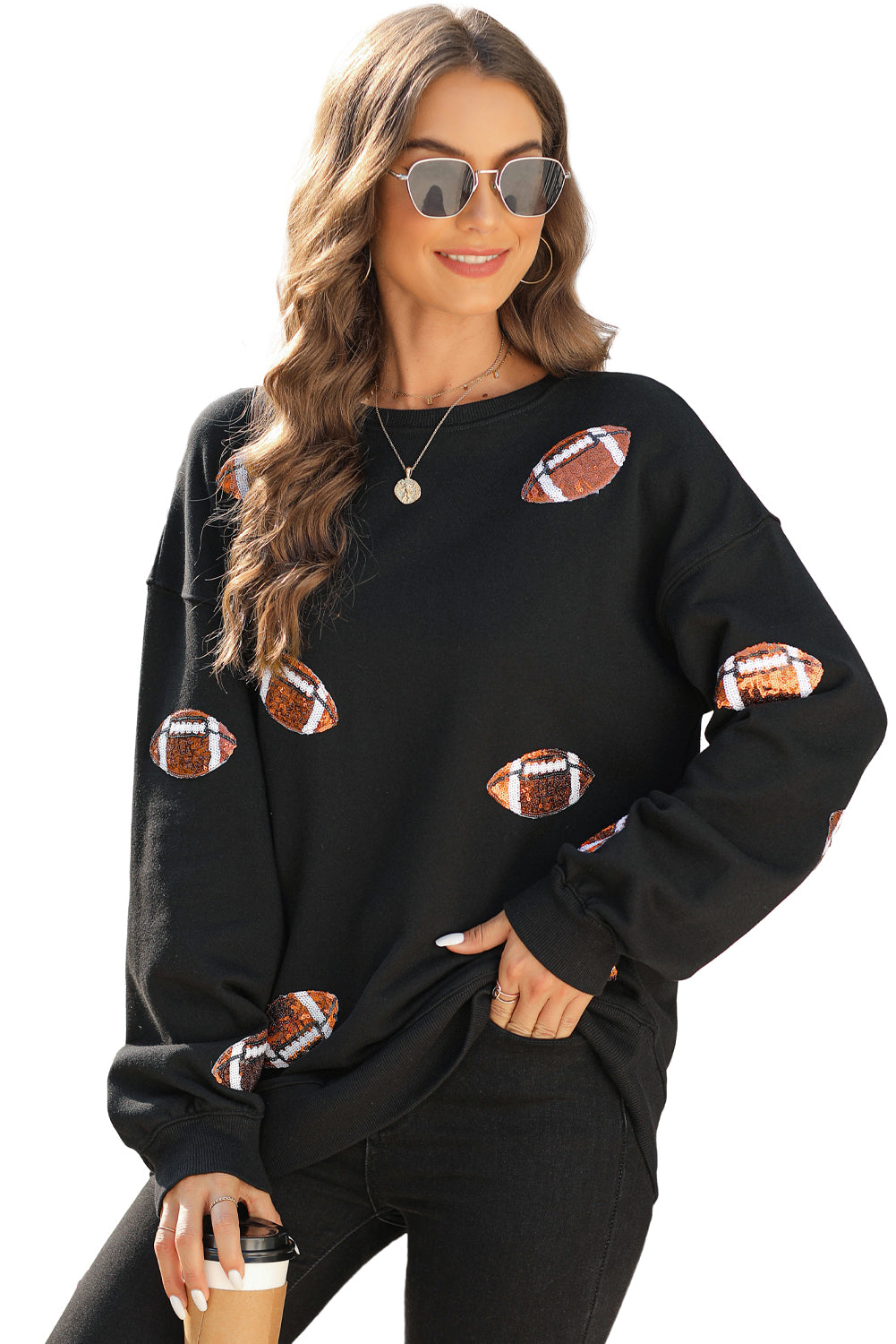 Black Sequin Rugby Football Graphic Pullover Sweatshirt