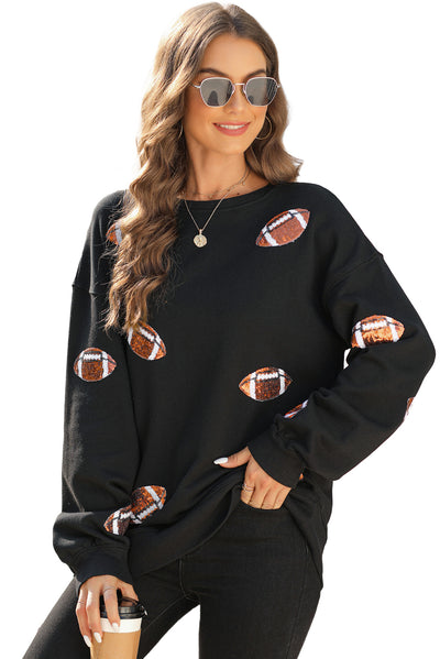 Black Sequin Rugby Football Graphic Pullover Sweatshirt