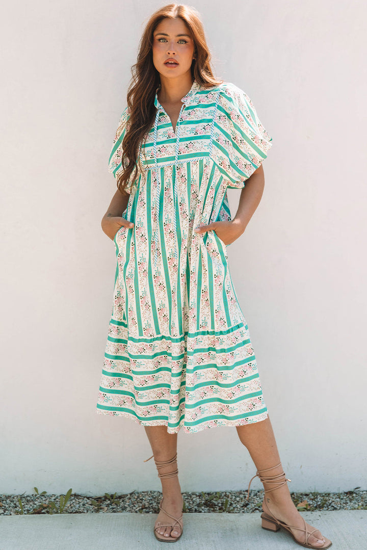 Billie Striped Floral Tie Split Neck Puff Sleeve Midi Dress