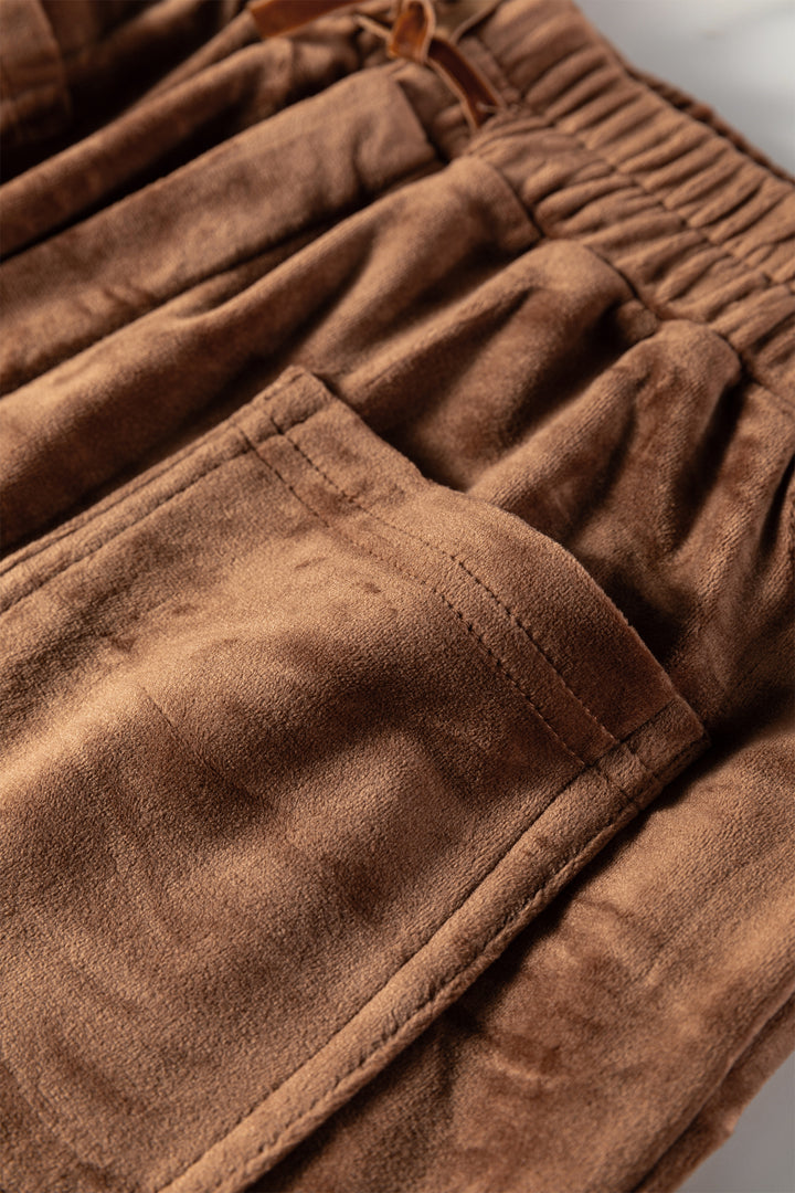 Coffee Straight Loose Drawstring Elastic High Waist Fleece Pants