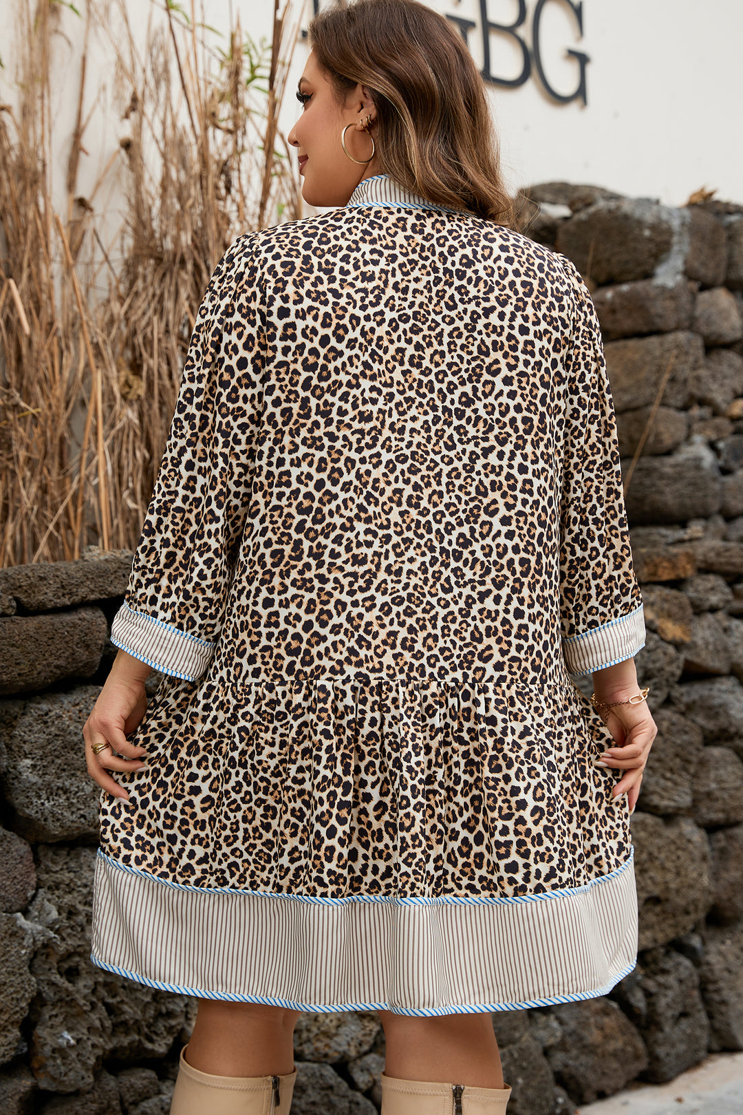 Khaki Plus Size Leopard Print Striped Trim V Neck Drop Waist Long Sleeve Mini Dress