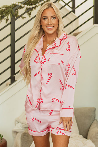 Pink Christmas Candy Cane Print Shirt and Shorts Pajama Set