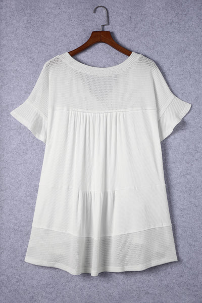 White Contrast Knit Splicing V Neck Studded Blouse