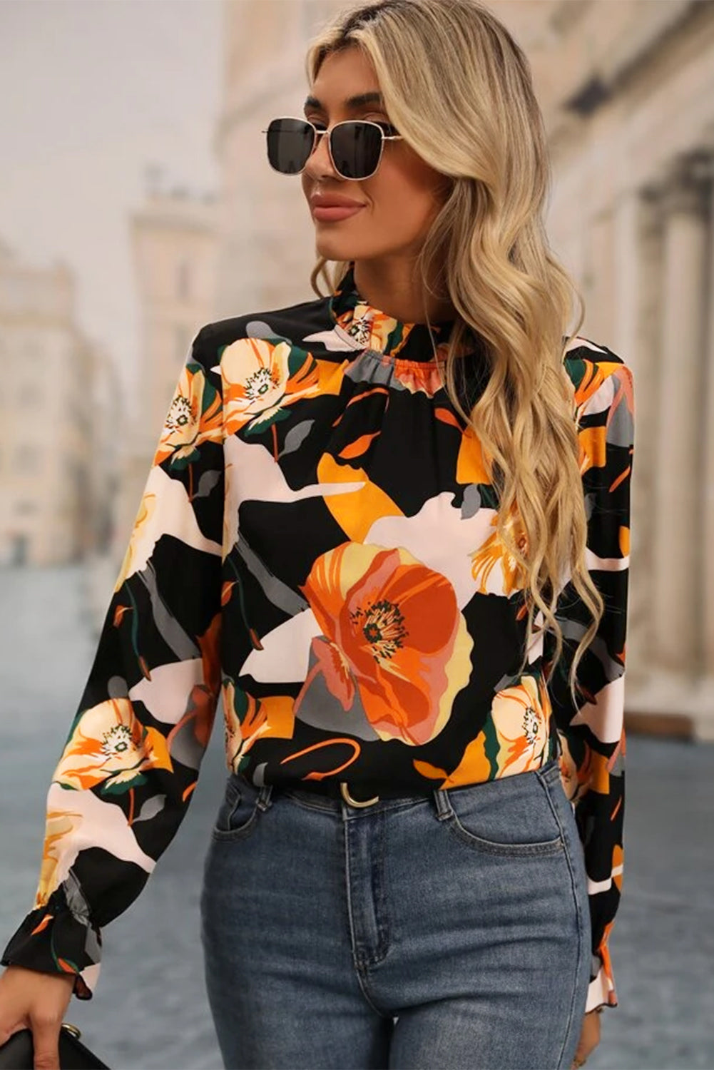 Black Floral Print Mock Neck Blouse