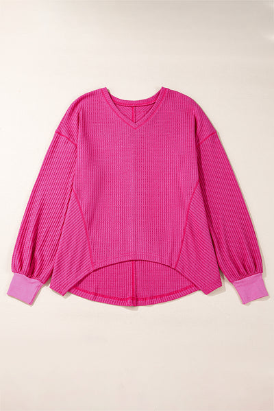 Bright Pink Waffle V Neck Long Sleeve Drop Shoulder Loose Blouse