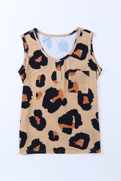 Leopard Button Neck Chest Pocket Tank Top