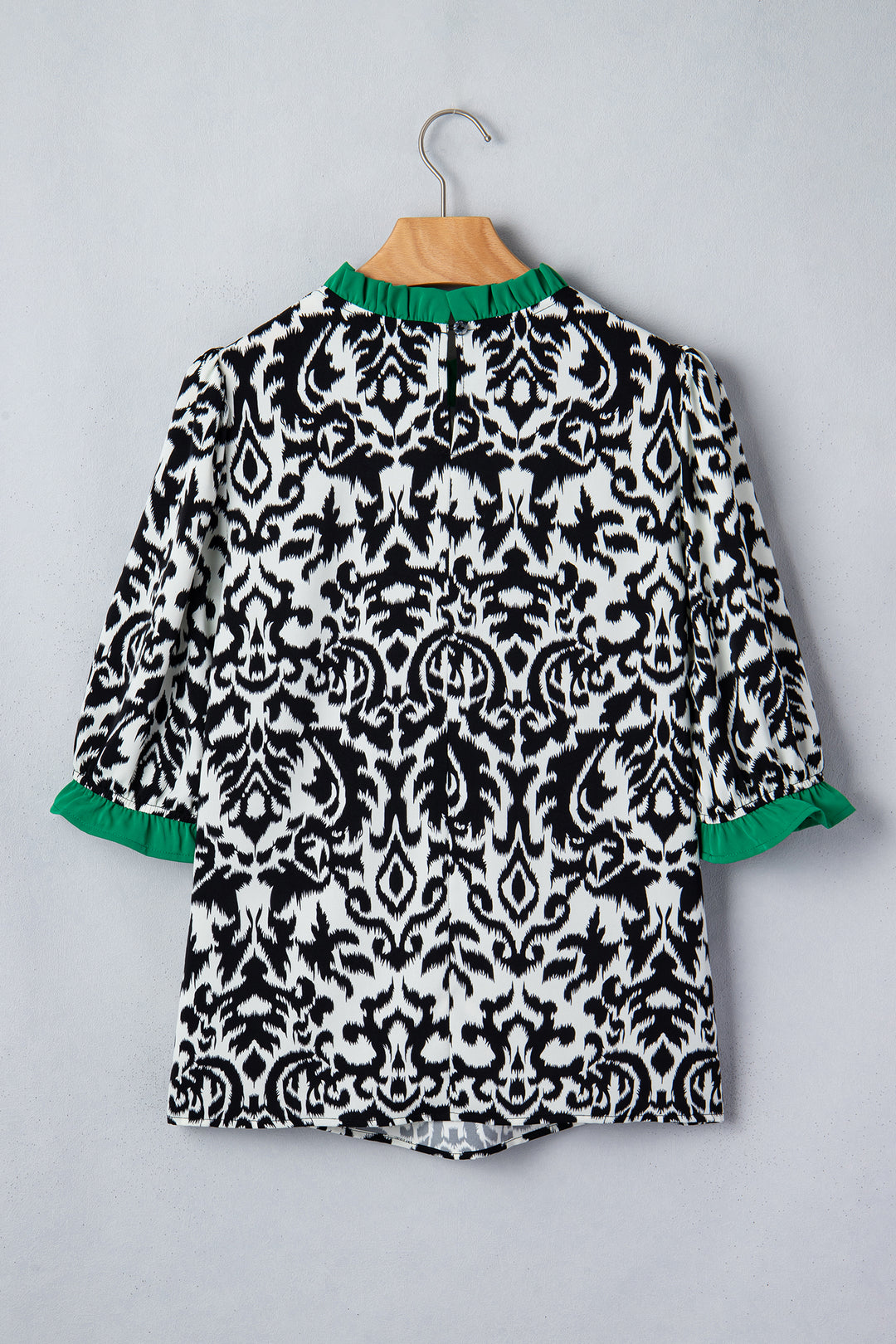 Green Damask Print Ruffled Color Block Detail Half Sleeve Blouse