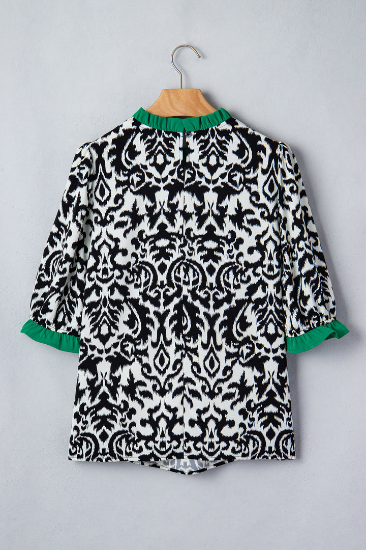 Green Damask Print Ruffled Color Block Detail Half Sleeve Blouse