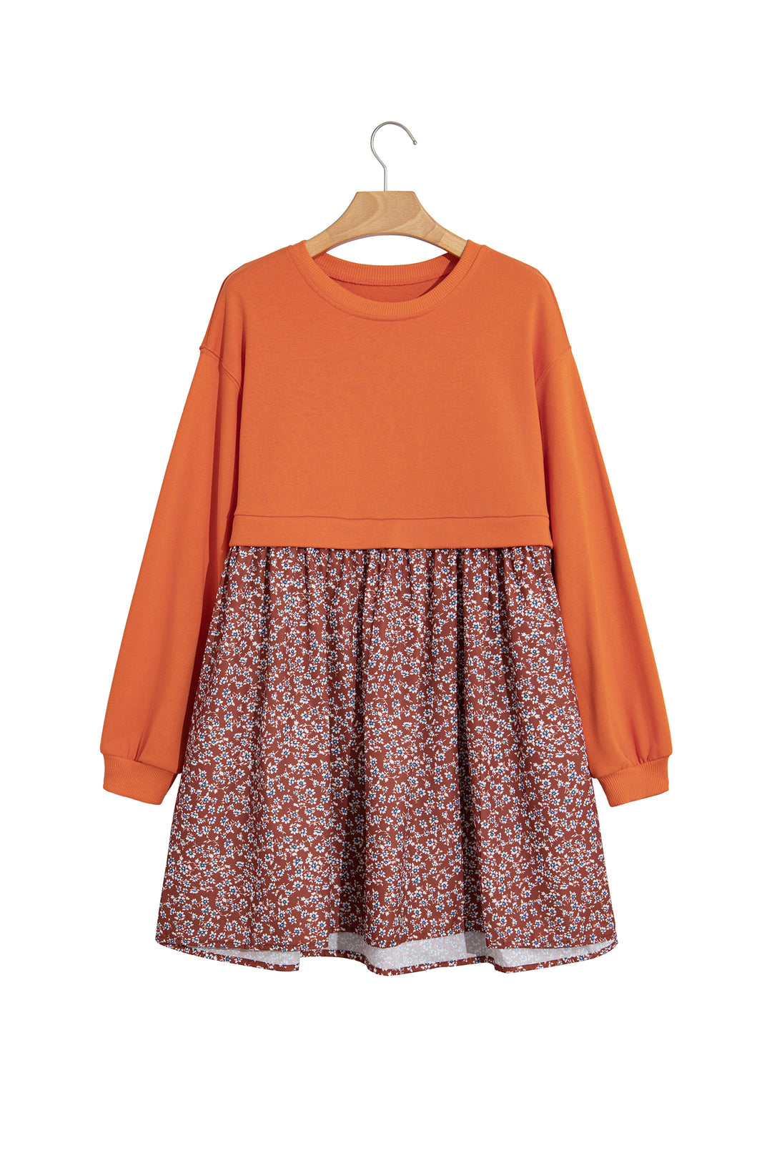Orange Solid Long Sleeve Top Patchwork Floral Flared 2-in-1 Mini Dress