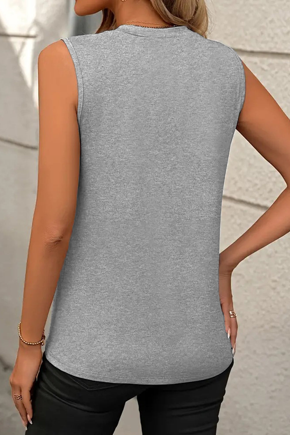 Gray Crew Neck Pleated Tank Top