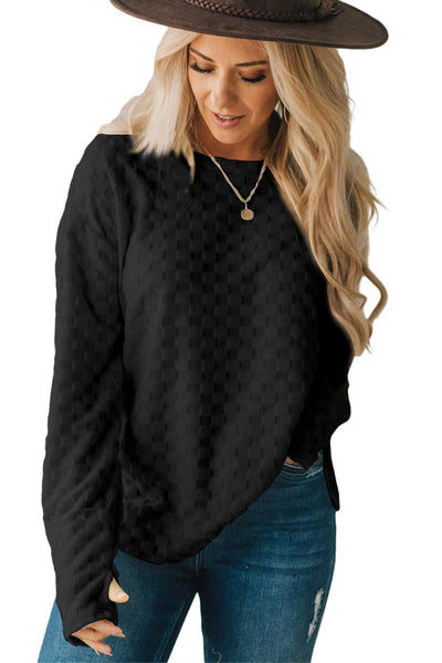 Black Solid Textured Thumbhole Sleeve Top