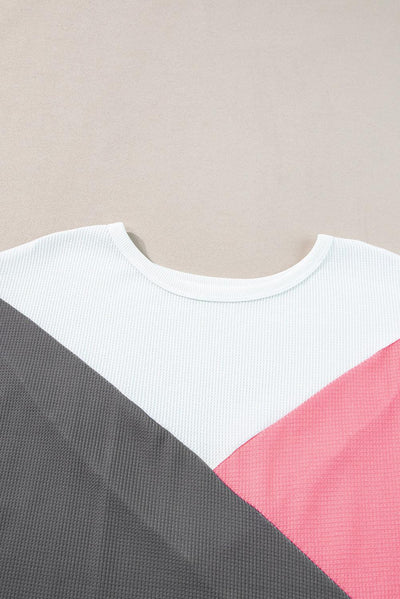 Strawberry Pink Colorblock Waffle Knit Half Sleeve T Shirt