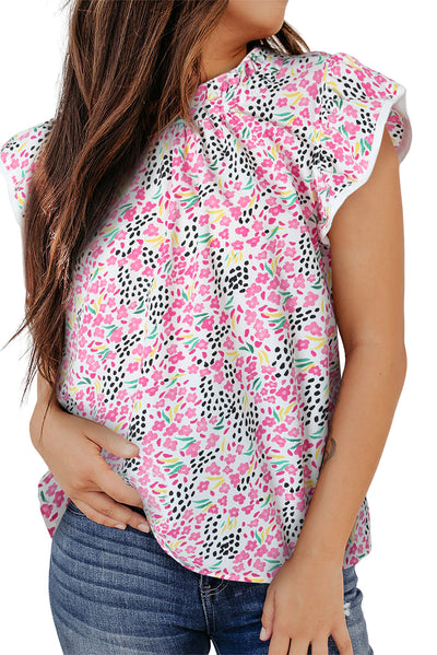 Pink Multicolor Abstract Print High Neck Flutter Sleeves Top