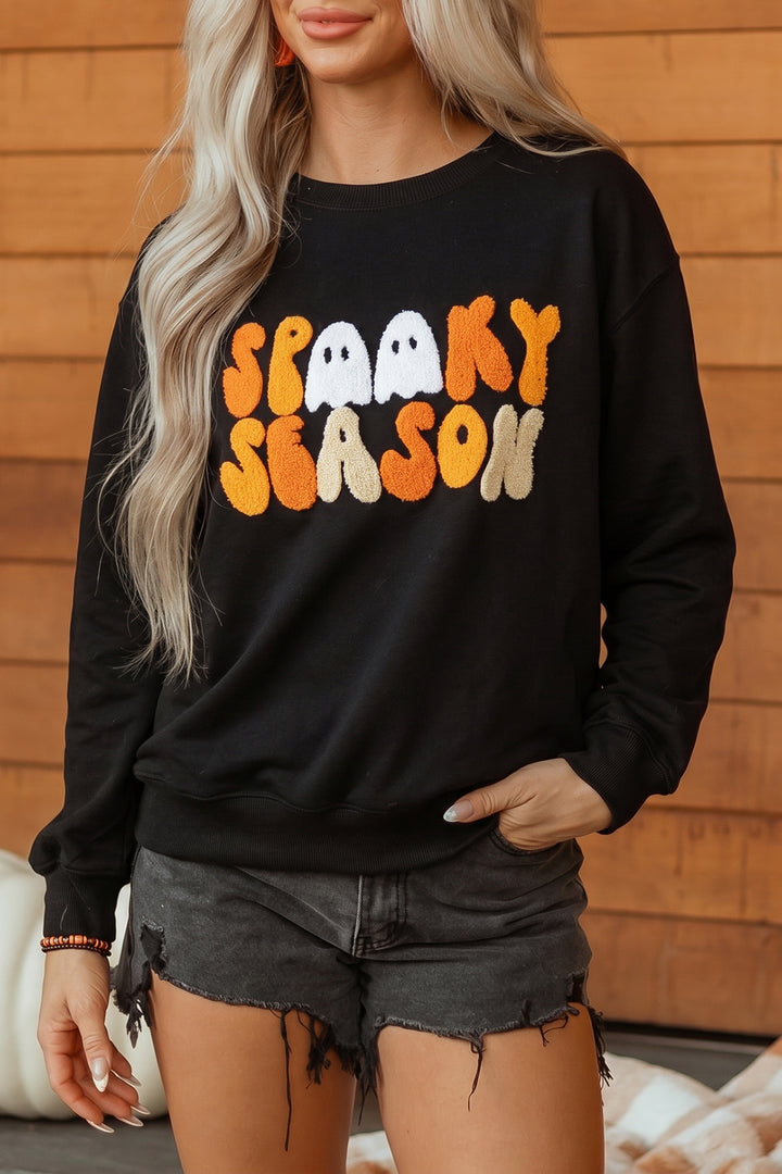 Color black Embroidered Spooky Season Graphic Long Sleeve Round Neck Pullover Sweatshirt