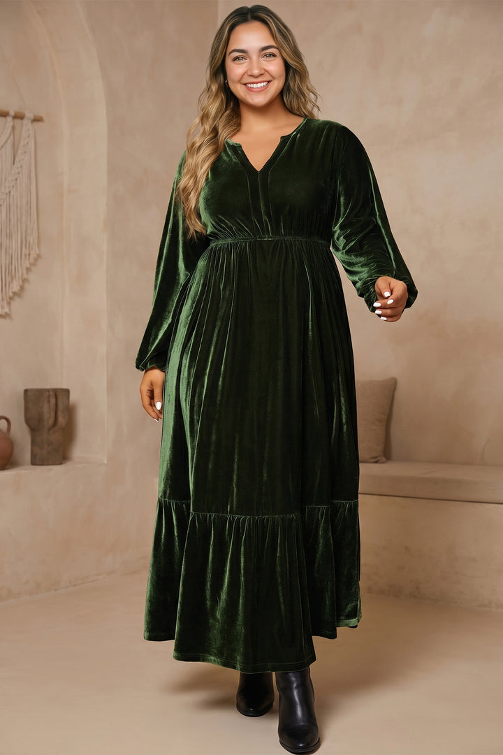 Blackish Green V Neck Long Sleeve Velvet Loose Fit Plus Size Dress