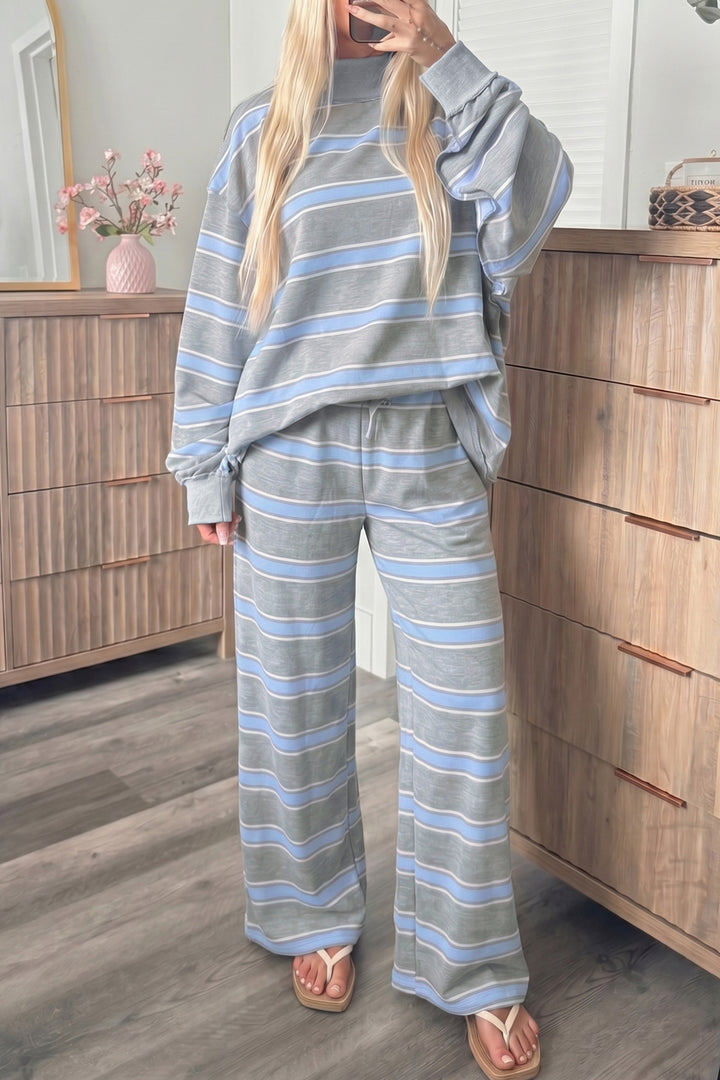 Pink Stripe Mock Neck Long Sleeve Pullover Top and Loose Pants Set
