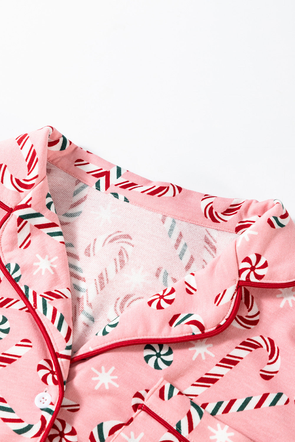 Pink Christmas Candy Cane Print Lapel Collar Shirt and Pants Two Piece Pajamas Set