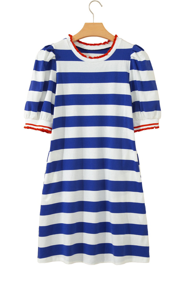 Blue Stripe Contrast Trim Round Neck Short Puff Sleeve Shift Mini Dress