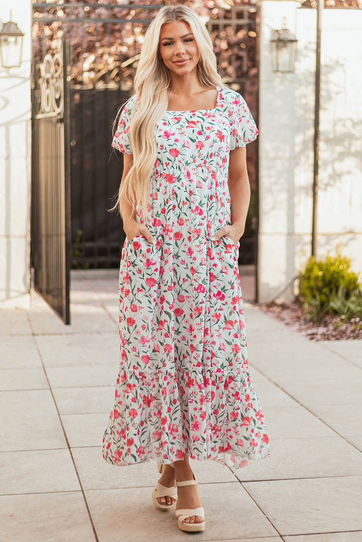 Molly Floral Square Neck Empire Waist Tiered Maxi Dress