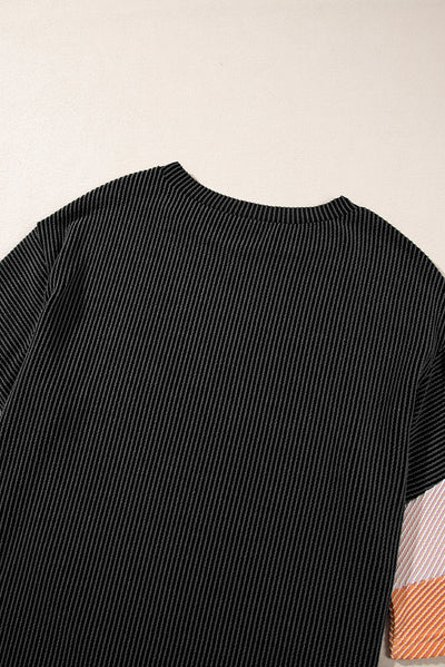 Carbon Grey Color Block Ribbed Knit Quarter Sleeve Top