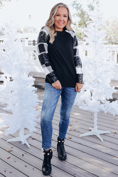 Black Sequin Plaid Patchwork Raglan Sleeve Top