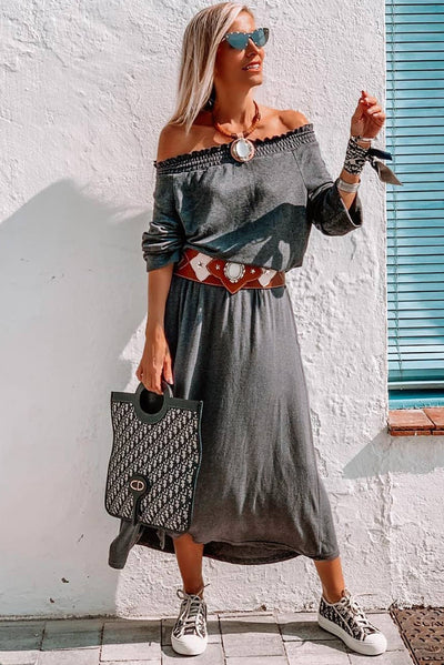 Gray Shirred Off Shoulder Maxi Dress with Split