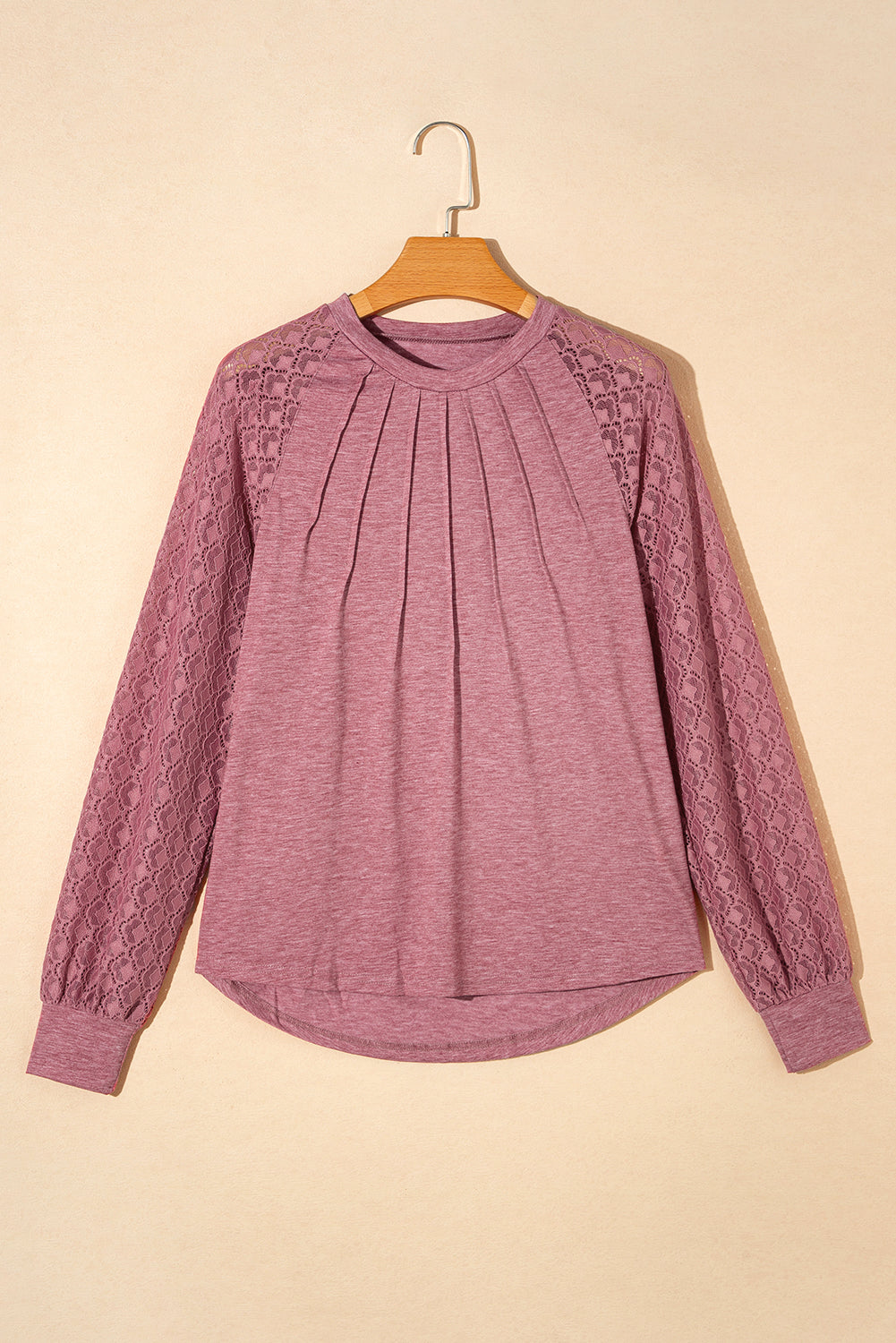 Rose Pink Contrast Lace Raglan Sleeve Plicate Round Neck Top