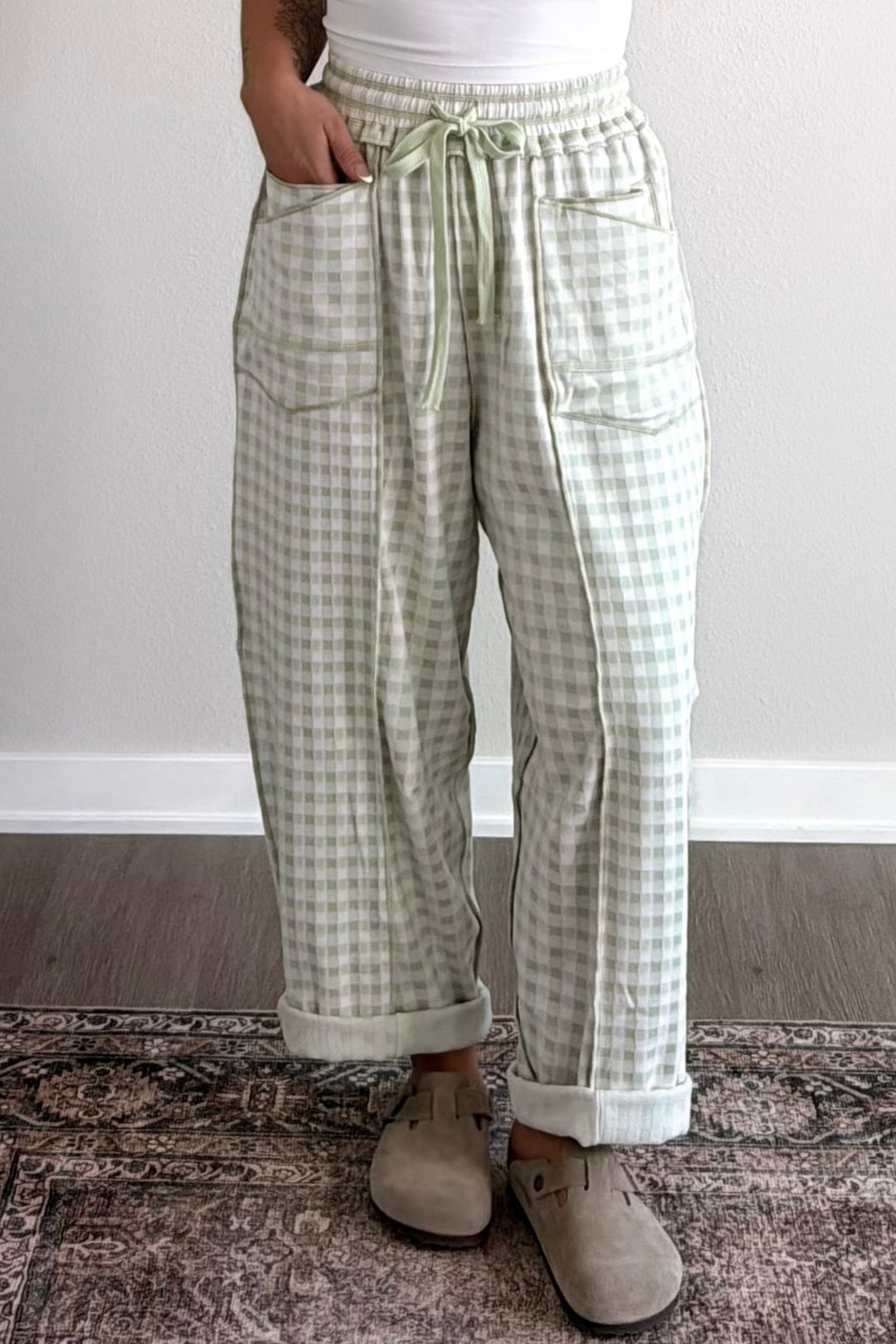 Green Plaid Contrast Trim Drawstring Elastic Waist Shift Pants
