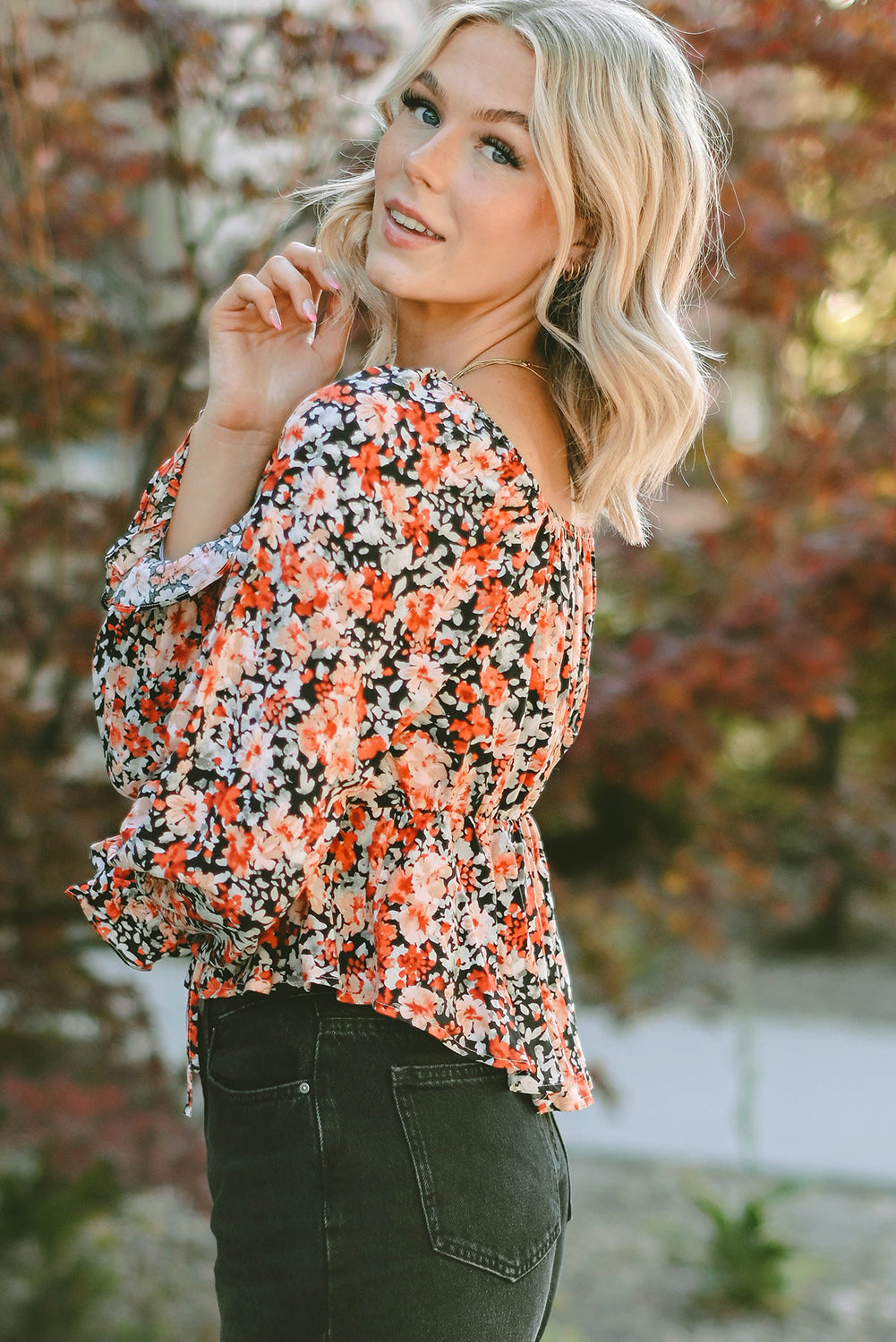 Orange Floral Flounce Sleeve Front Tie Sweetheart Neck Blouse