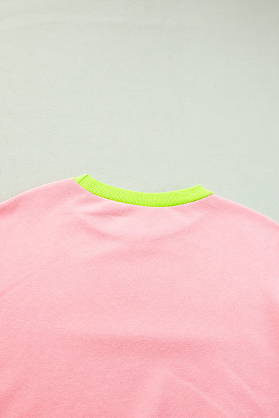 Pink Colorblock Bubble Sleeve Sweatshirt