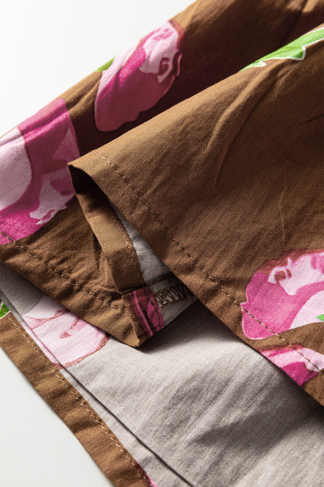 Brown Contrast Floral Print Babydoll Tunic Ruffled Hem Puff Sleeve Dress