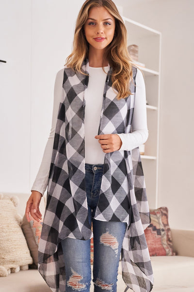 Hdf2567 - Plaid Knee Length Kimono Cardigan